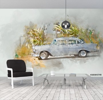 Picture of Silver old car in Cuba watercolor